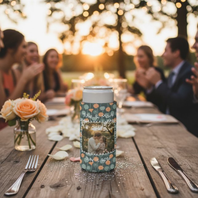 Custom Floral Doodle Photo Engagement  Seltzer Can Cooler (Creator Uploaded)
