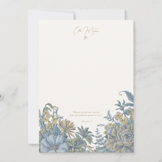 Custom Floral Elegant Script Quote Blue Note Card (Front)