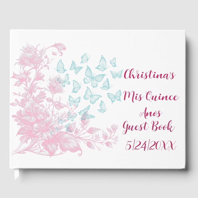Custom Floral Girly Mis Quince Anos Keepsake Guest Book (Front)