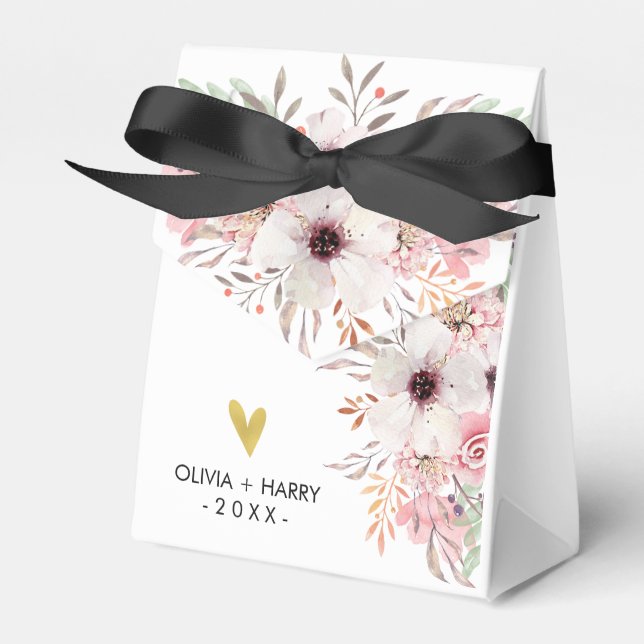 Custom Floral Gold Heart Wedding Favour Box | Whit (Front Side)