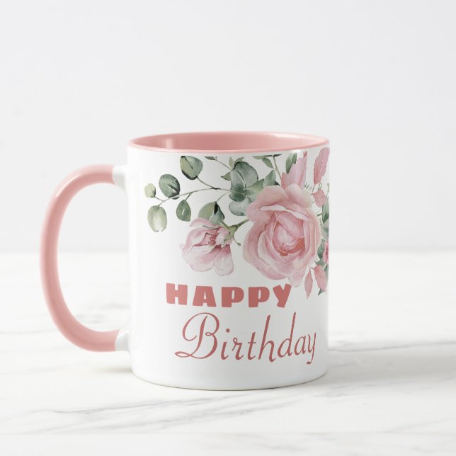 Custom Floral Happy Birthday  Mug (Left)