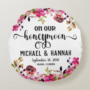 Custom Floral Honeymoon Keepsake Round Pillow