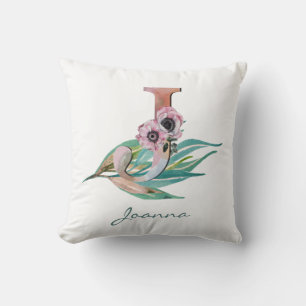 Custom Floral J Letter Watercolor Foliage Monogram Throw Pillow