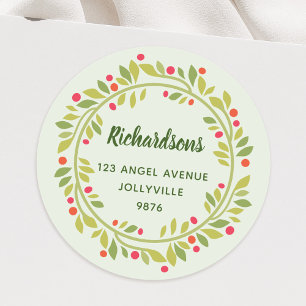 Custom Floral Leaves Christmas Wreath Address Classic Round Sticker