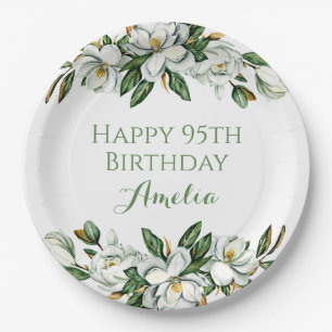 Custom Floral Magnolia Greenery BIrthday Party Paper Plate