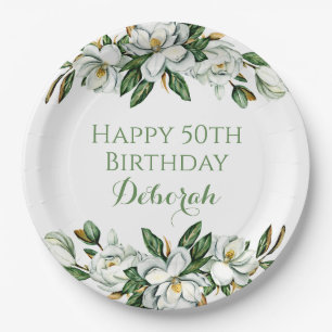 Custom Floral Magnolia Greenery BIrthday Party Paper Plate