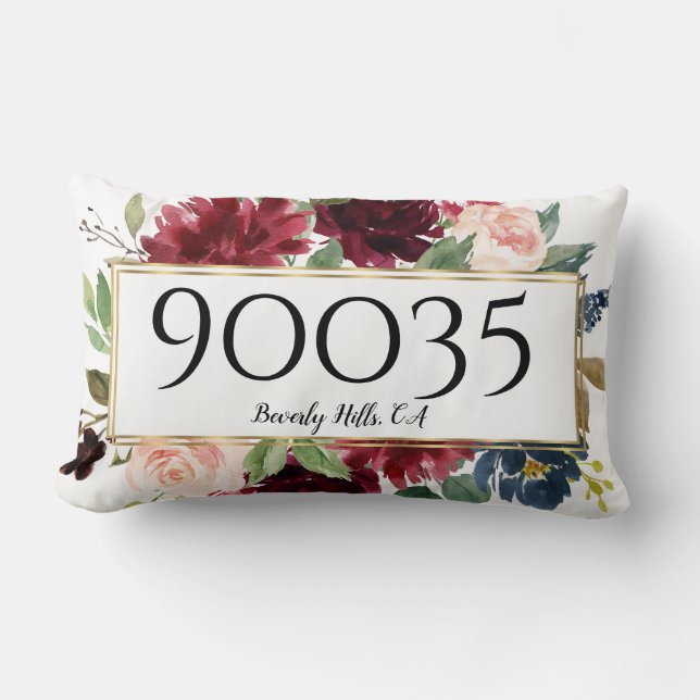 Custom Floral Merlot Navy Gold City State Zip Lumbar Pillow (Front)