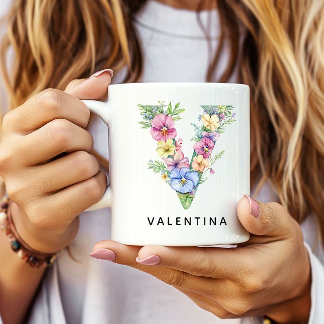Custom Floral Monogram Mug Thank You Gift for Her (Custom Mug Bridal Shower Gift for Bride, Floral Alphabet Mug Gift for Coworker Boss Bridesmaid)