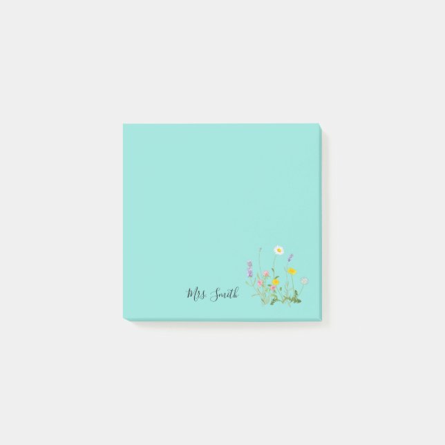  Custom Floral Monogram Teal Blue Post-it Notes (Front)