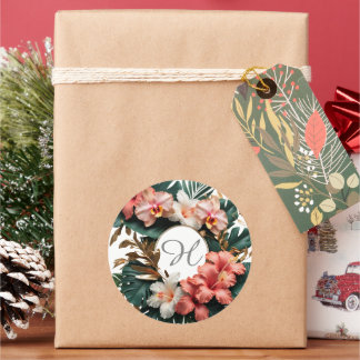 Custom Floral Monogram Tropical Round Sticker