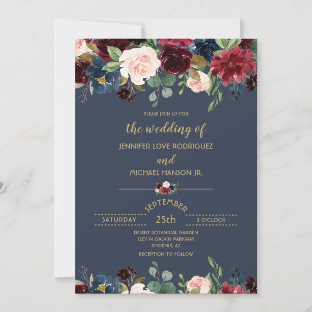 Custom Floral Navy Blue Burgundy Gold Wedding Invitation (Front)