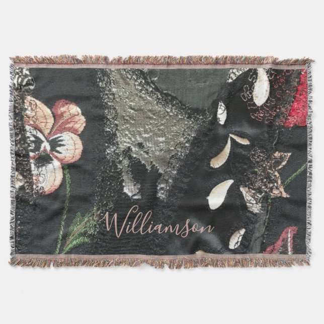 Custom Floral Patchwork Embroidery Look Grey Beige Throw Blanket (Front)