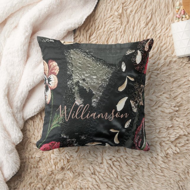 Custom Floral Patchwork Embroidery Look Grey Beige Throw Pillow (Blanket)