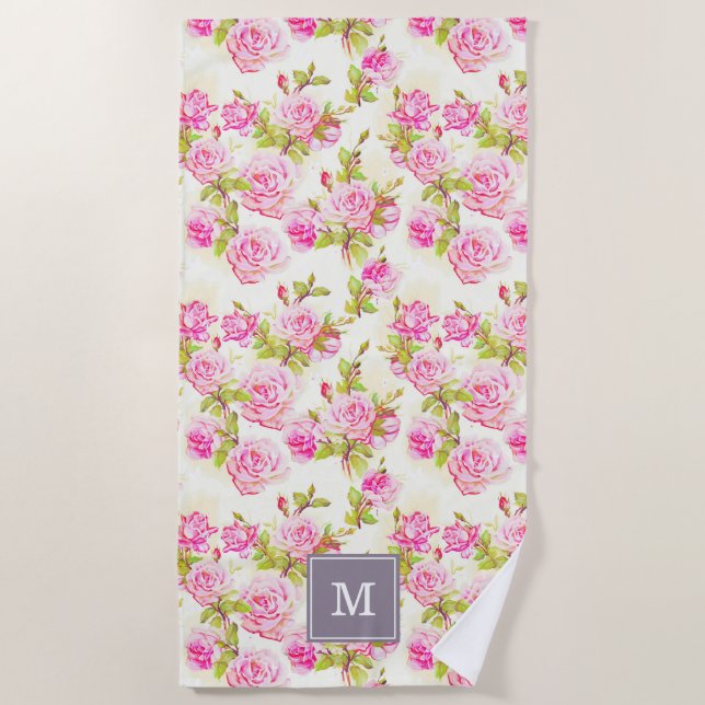 Custom Floral Pattern Old Rose Monogram Beach T Beach Towel (Front)