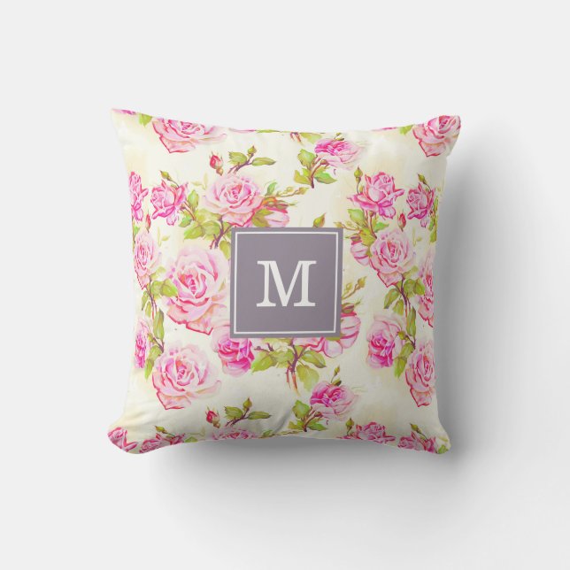 Custom Floral Pattern Old Rose Monogram pillow (Front)