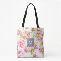 Custom Floral Pattern Old Rose Monogram Tote Bag