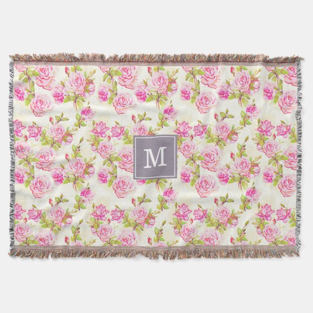 Custom Floral Pattern Old Roses Monogram Throw B (Front)