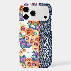 Custom Floral Pattern On Faux Blue Denim Jeans