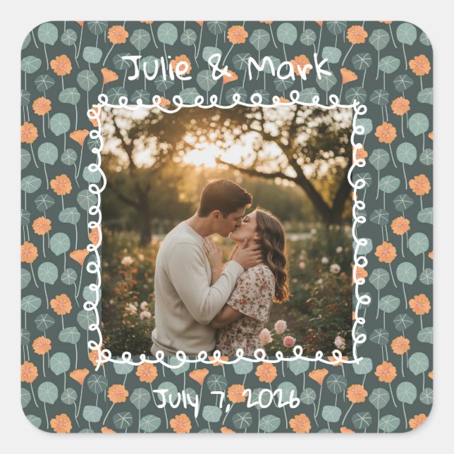 Custom Floral Photo Engagement  Square Sticker (Front)