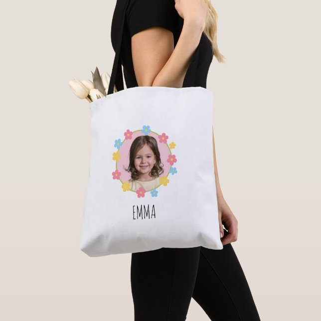 Custom Floral Photo With Name Tote Bag (Close Up)