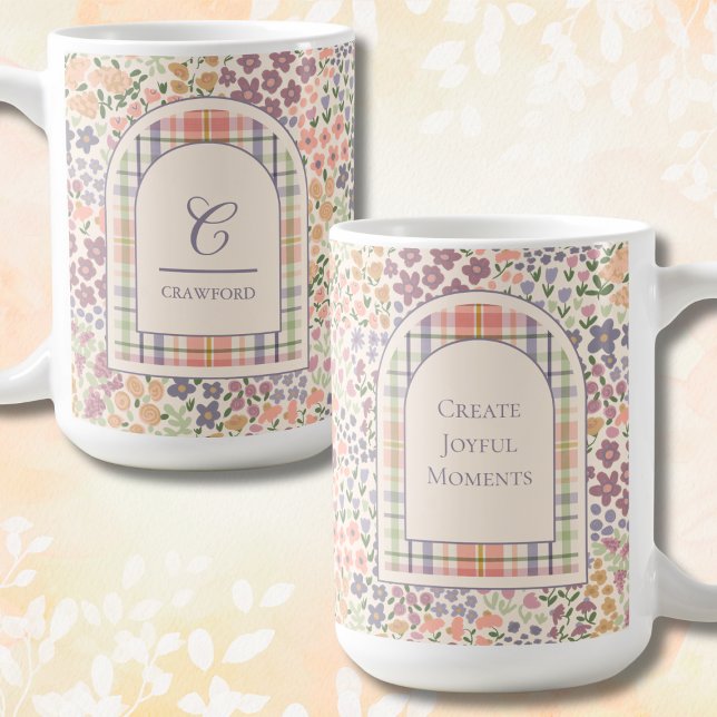Custom Floral Plaid Mug – Custom Name & Quote (Personalized Floral Plaid Mug – Custom Name & Inspirational Quote – Create Joyful Moments Gift)