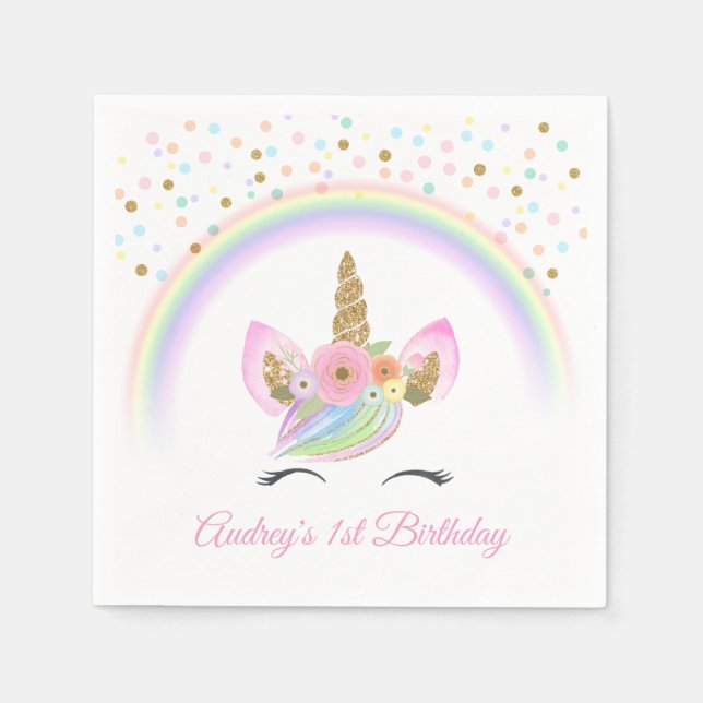 Custom Floral Rainbow Unicorn 1st Birthday Party Napkin (Front)