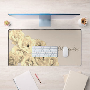 Custom Floral Retro Beige Gold Roses Botanical  Desk Mat