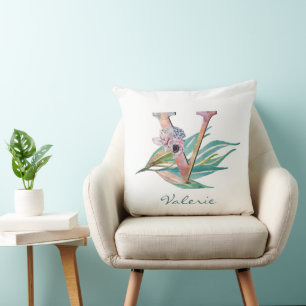 Custom Floral V Letter Watercolor Foliage Monogram Throw Pillow