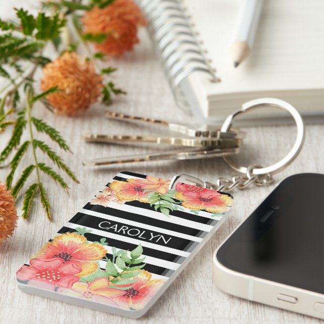 Custom Floral Watercolor Black White Stripes Keychain (Front Right)