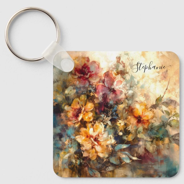 Custom Floral Watercolor Charm Keychain (Front)