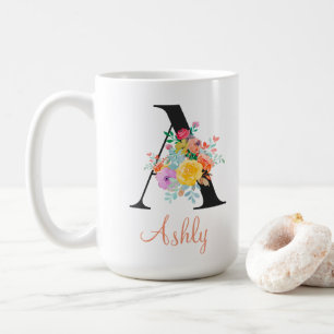 Custom Floral Watercolor Monogram Name Coffee Mug