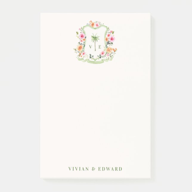 Custom Floral Wedding Crest Monogram Post-it Notes (Front)