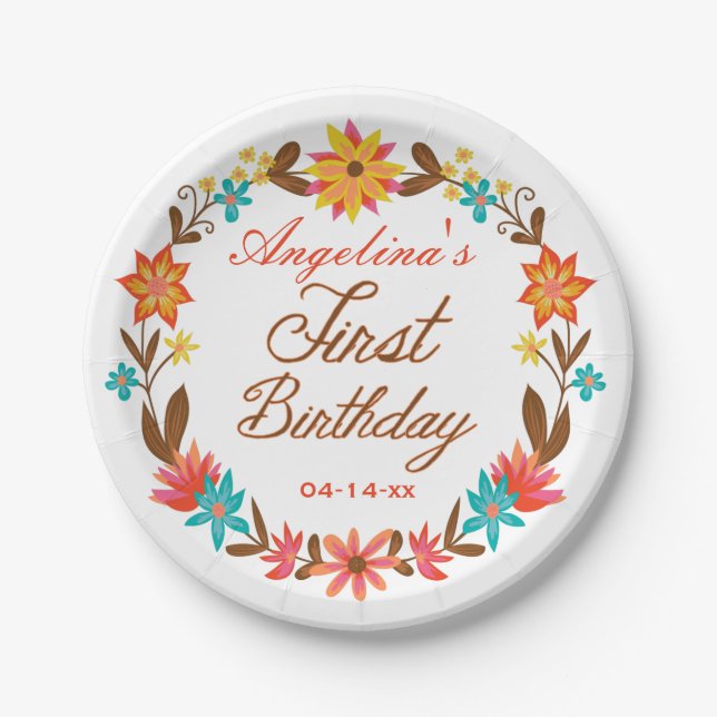 Custom Floral Wreath 1st Birthday Paper Plate (Front)
