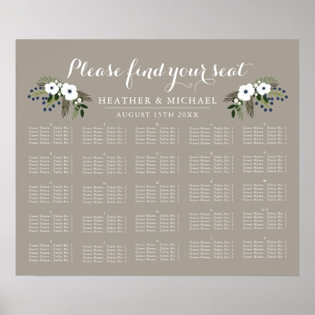 Custom Floral Wreath - Alphabetical Seating Chart (Front)