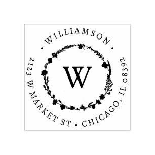 Custom Floral Wreath Round Name & Return Address Rubber Stamp