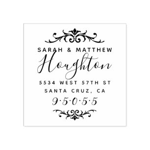 Custom Flourish Wedding Couple Return Address Rubber Stamp