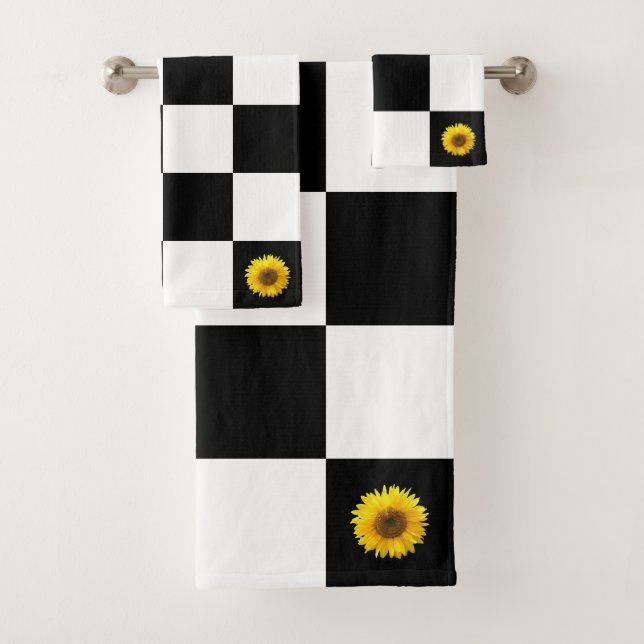 Custom Flower on Black and White Chequered Pattern Bath Towel Set (Insitu)