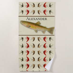 Custom Fly Fishing Flies Trout Rustic Watercolor Beach Towel