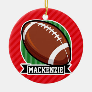 Custom Football on Red Diagonal Stripes Ceramic Ornament