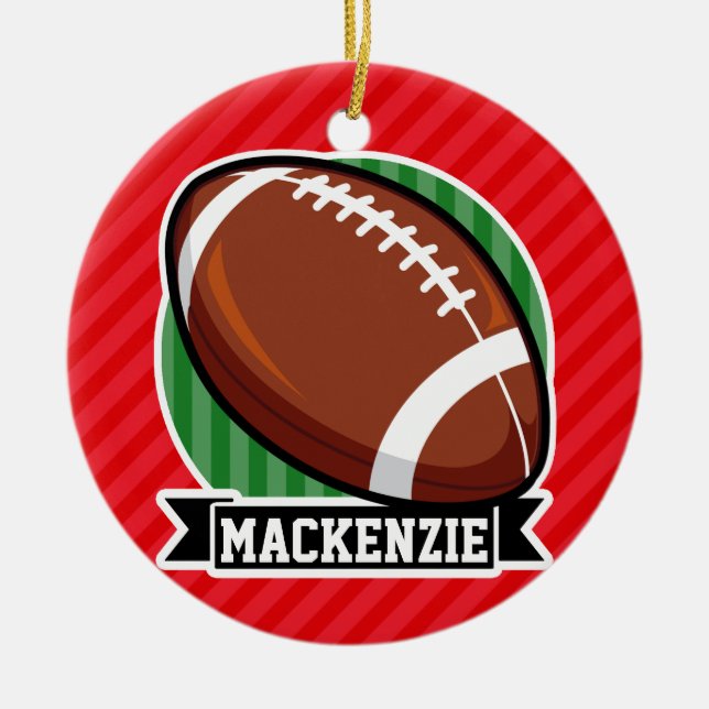 Custom Football on Red Diagonal Stripes Ceramic Ornament (Front)