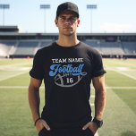 Custom Football Player Name and Number Black T-Shirt<br><div class="desc">Custom Front and Back Men's Football T-Shirt - shown in black
Design features script "Football" wording with text that can be customized for the team name,  player last name,  and jersey number. White,  blue,  and grey colours can be customized.</div>