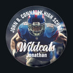 Custom Football Player Photo High School Spirit Magnet<br><div class="desc">This cool customized high school football player photo spirit magnet features white typography of your team and player name. Personalize with the mascot type across the athlete photograph.</div>