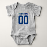Custom football sports jersey number baby bodysuit<br><div class="desc">Personalized football sports jersey number baby jumpsuit / bodysuit. Custom baby clothing for infant boys and girls. Personalized one piece creeper with name of newborn child. Cute gift idea for 1st Birthday or baby shower party. Sporty striped sleeves unisex baby suit. Available in dark navy blue, royal blue, red, neon...</div>