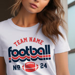 Custom Football Team Red White and Blue Women's<br><div class="desc">Custom Football Name and Player Number T-Shirt for Mom - shown in White
Design for football moms features retro lettering and custom text that can be personalized with a team name and player's jersey number. Red and blue colours can be customized.</div>