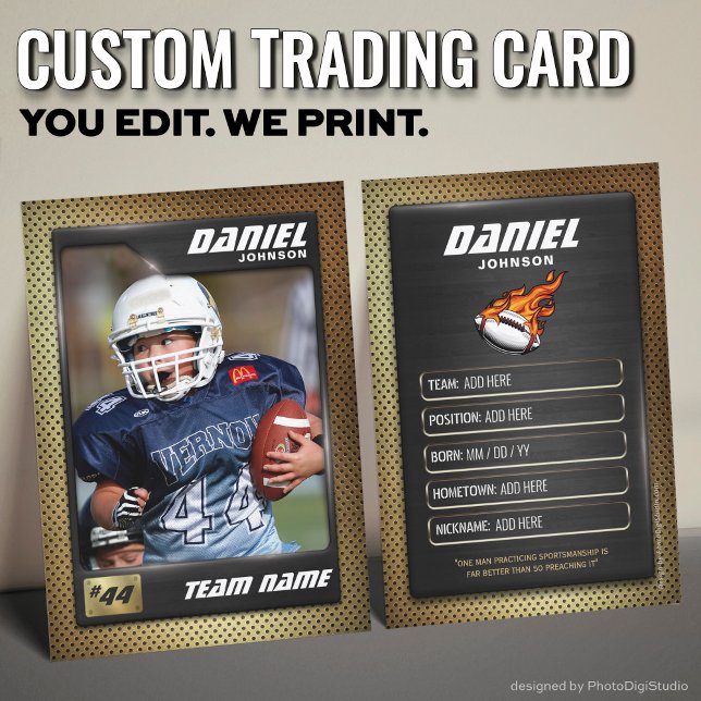 Custom Football Trading Card, Player Profile Card (Custom Football Trading Card, Gold Graphite Player Card)