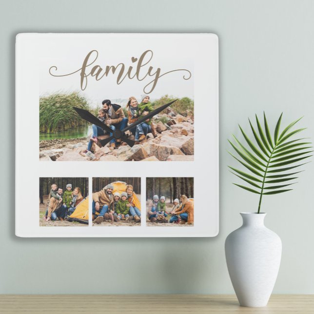 Custom Four Family Photo Collage Cute Script Text  Square Wall Clock (White custom 4-photo "Family" wall clock)