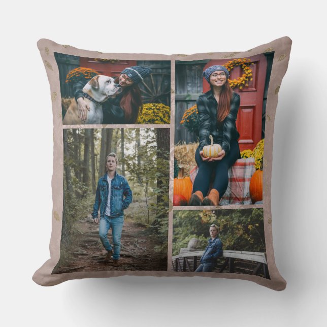 Custom / Four Photo Collage Glam Rose Gold Leaves Throw Pillow (Front)