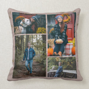 Custom / Four Photo Collage Glam Rose Gold Leaves Throw Pillow