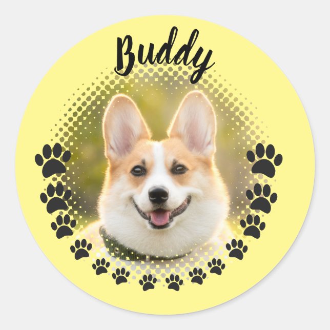 Custom Frame Dog Portrait Name Classic Round Sticker (Front)