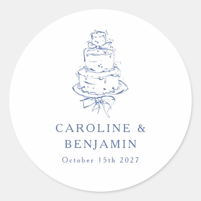 Custom French Blue Doodle Minimalist Wedding Cake Classic Round Sticker (Front)